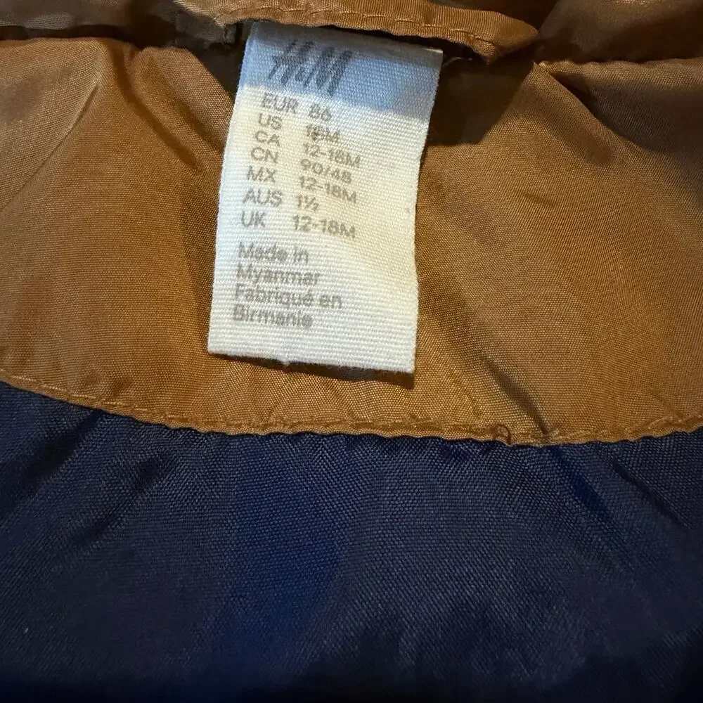 H & M Toddler 18 months Puffer Coat Removable Hood Gold Blue Full Zip Jacket